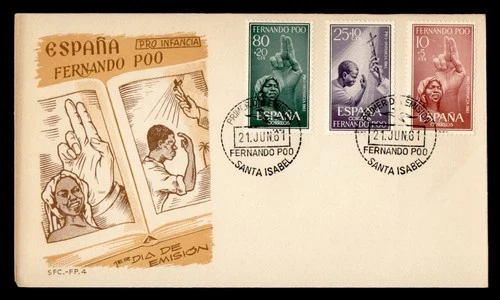 DR WHO 1961 SPANISH FERNANDO POO FDC PRO INFANCIA SEMI POST COMBO M76631