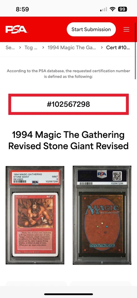 STONE GIANT Revised Edition 1994 Magic The Gathering MTG TCG PSA 9 🔥MINT🔥 - Image 3 of 4