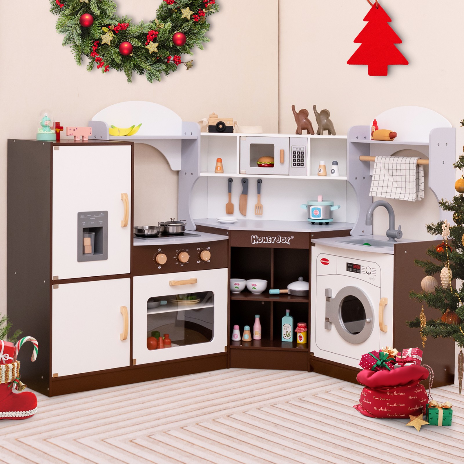 Kids Corner Kitchen Playset w/Washing Machine Ice Maker Oven Sink Sounds Wooden
