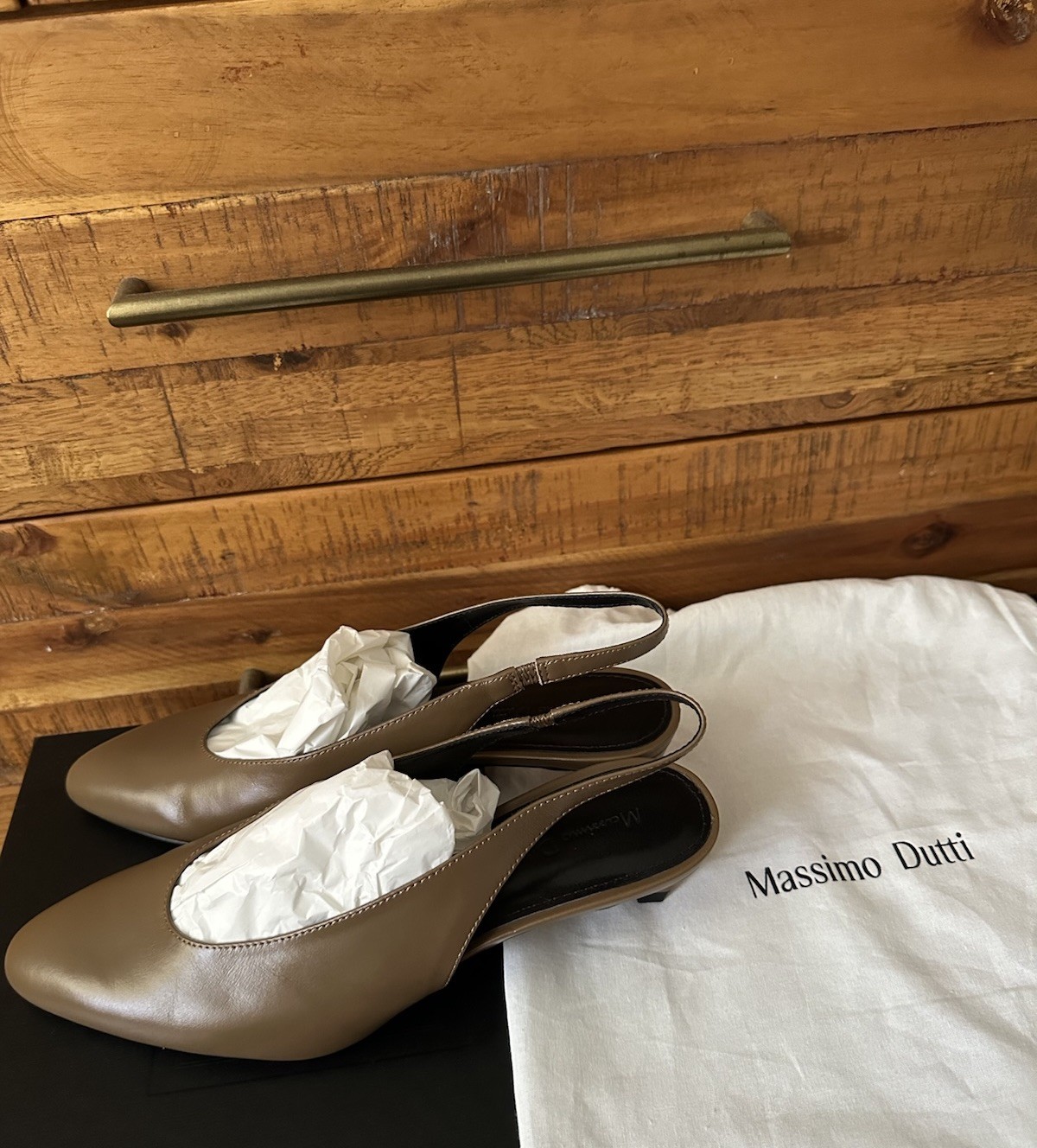 NWT Massimo Dutti Women's Round Toe Leather Slingback Heeled Khaki Shoes 8 (39) image 6