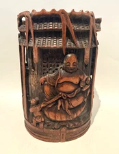 Chinese Fine Carved Bamboo Brush Pot  w Budai (Laughing Buddha)