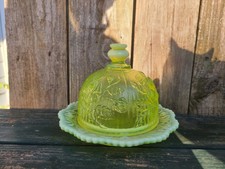 Imperial Glass Vaseline RARE Opalescent Rose Covered Butter for Rosso Glass 1984