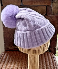 Victoria Leland Beanie Hat Lavender Purple Knit Fluffy Pom Pom New with Tag OSFM