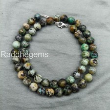 Green Turquoise Necklace, 8mm Round Beaded Jewelry, Sterling Silver Clasp, Boho