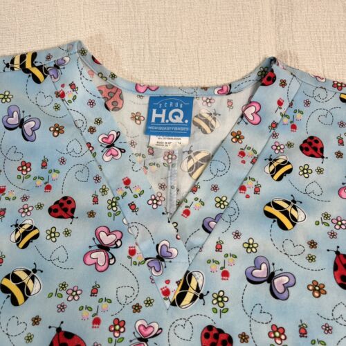 H. Q. Scrub Top V-Neck 3 Pocket Medical Uniforms Nurse Home Health Butterfly Med - Picture 2 of 7