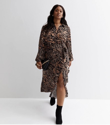 New Look Curves Brown Animal Print Long Puff Sleeve Midi Shirt Dress Size 20 - Picture 1 of 6