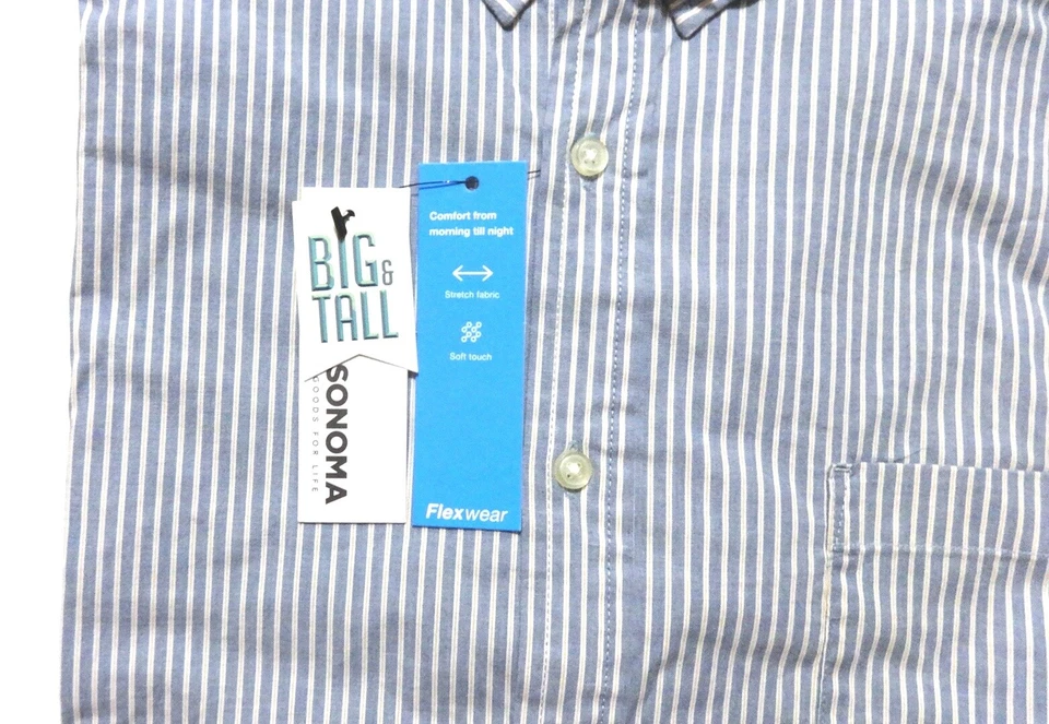 全新 Sonoma 男式经典贴合弹性弹力休闲衬衫蓝色条纹长袖 — 第 2/2 张图片