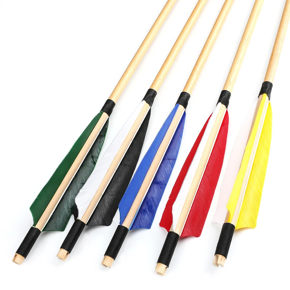 32" Archery Wooden Arrows Hunting Arrowheads 5" Feather Recurve Bow Longbow - Image 4 of 4