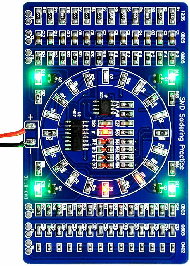 Soldering Practice Board. LED chaser Kit with SMD and Through hole  components