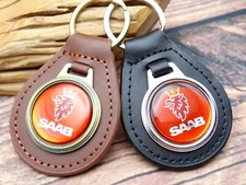 Vtg. Red Saab Griffin Genuine Leather Key Fob Chain Ring Automotive Car Truck