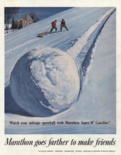 1960 Marathon Gasoline: Watch Your Mileage Snowball Vintage Print Ad