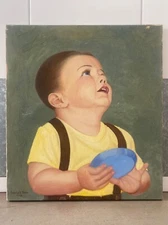 🔥 Antique Old Texas Americana WPA Social Realism Boy Portrait Oil Painting, '48