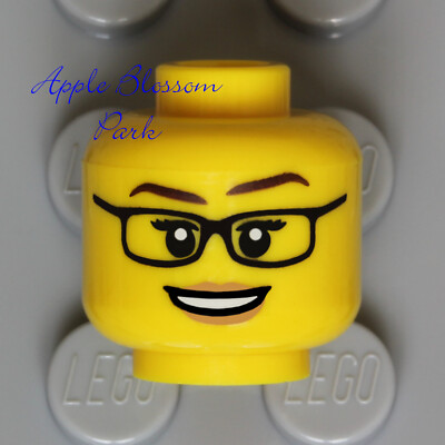 NEW Lego Female Girl MINIFIG HEAD w/Black Rim Eye Glasses Pink Lips Grin  Smile