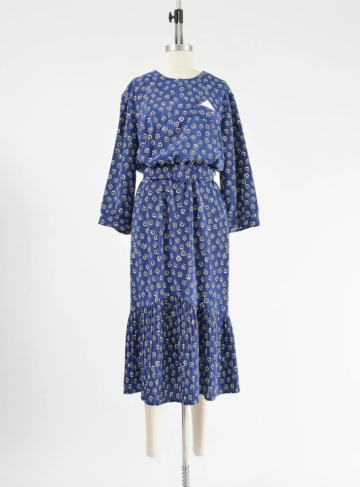 Vestido midi vintage años 80 azul geométrico retro blusa cintura alta con cinturón M Foto 2 de 4