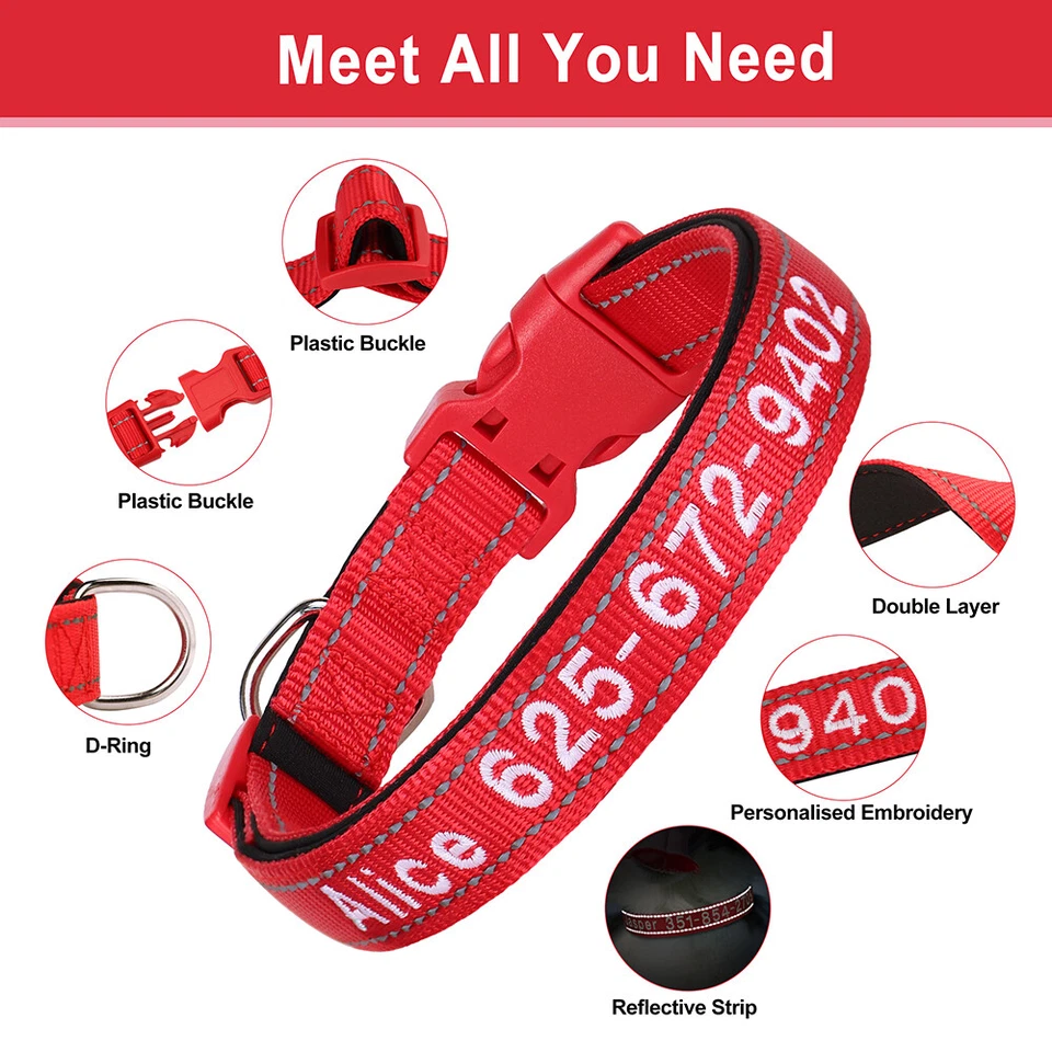 Personalised Dog Collar Embroidered Reflective Nylon Custom ID Name Phone Number - Image 4 of 4