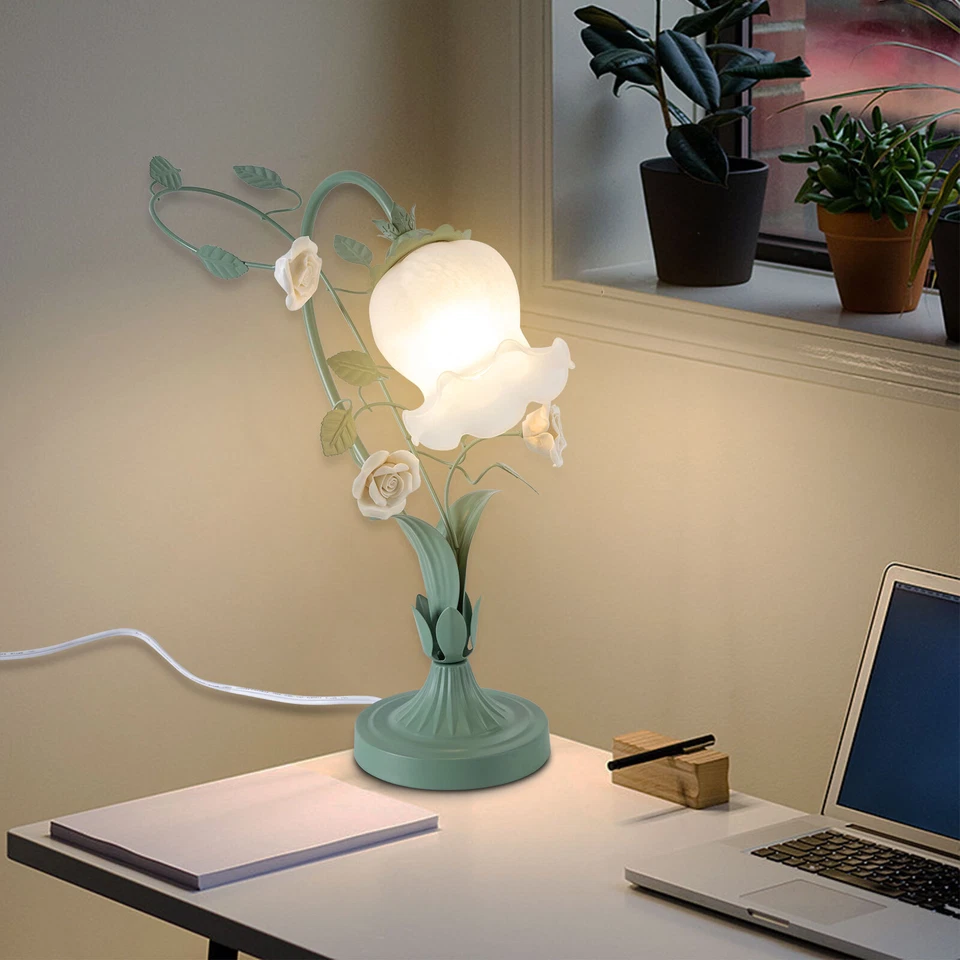 Elegante Lámpara de Mesa de Vidrio Luz Rosas Flor Vidrio Pantalla Verde y Blanco 60W Foto 2 de 4