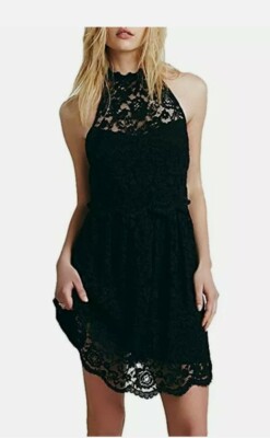 Free People Black Lace Lost In A Dream Twofer Halter Mini Dress Size 4 |  eBay