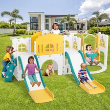JOYLDIAS 10in1 Toddler Double Slides and Swing Playset Climber Playground Gifts 