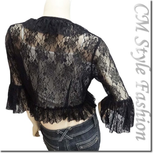 Front Tie Sheer Lace Floral Shrug Cropped Bolero Cardigan Top Black M - Picture 4 of 5