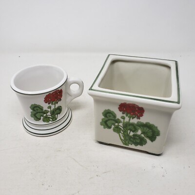 Red Geranium Lot 2 Glazed Ceramic Square 5 Inch Planter & Mug Cup White Pottery