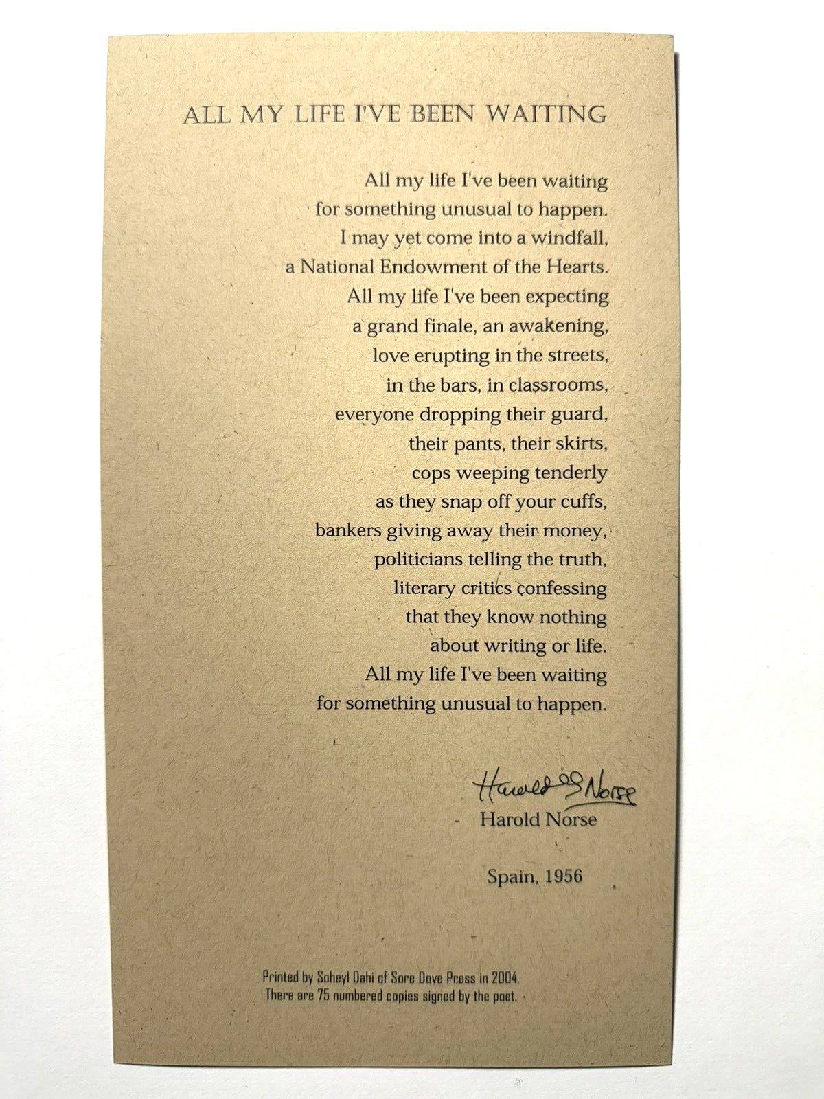 HAROLD NORSE - SIGNED BROADSIDE, 2004, KEROUAC, ALLEN GINSBERG ...