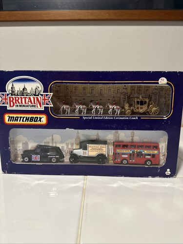 MATCHBOX Britain in Miniature SET W/ LONDON TAXI, BUS & CORONATION COACH *MIB*