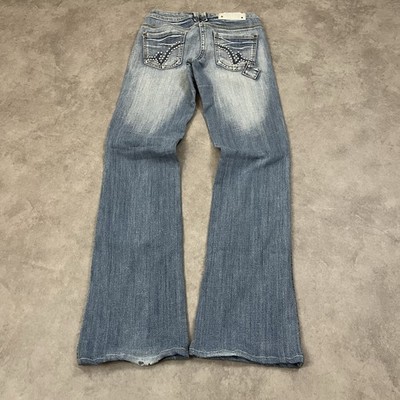 Vintage Y2K Bootcut Jeans XS Blau Bestickt Damen Lowwaist Flared Miss Me Style