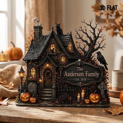Personalized Haunted House Wooden Block 2D Flat Spooky Season Sign