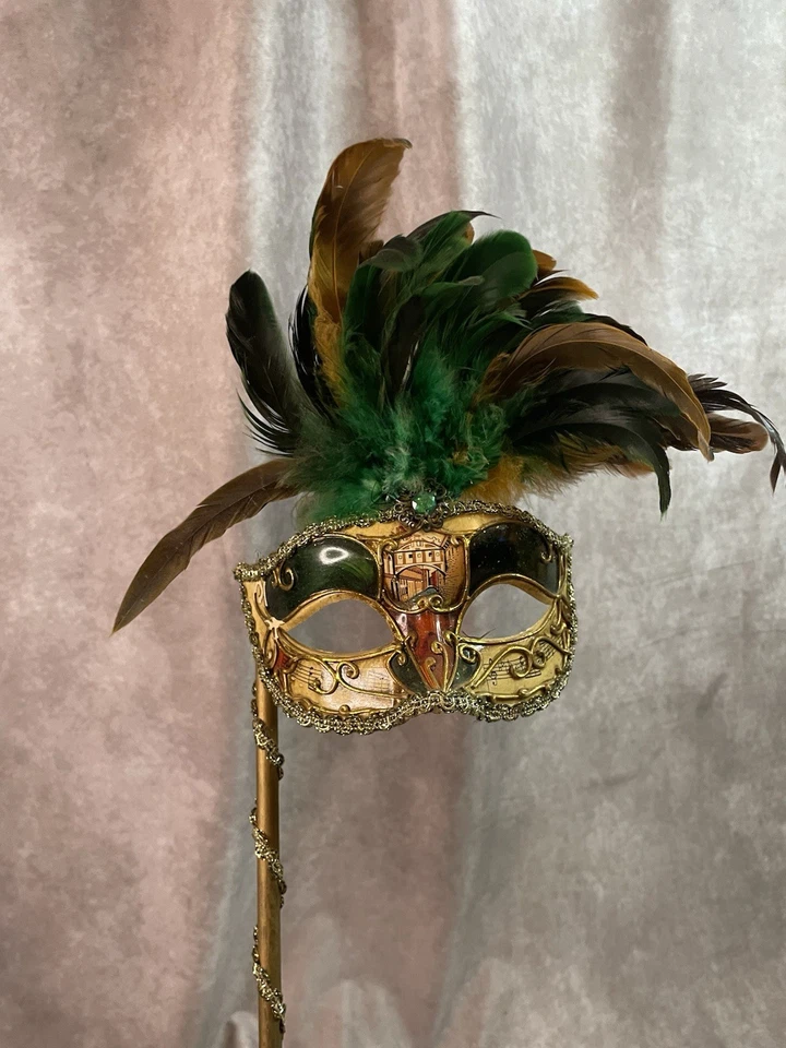Brown & Green Feathered VENETIAN Stick Mask w/ Musical Notes & Gold Trim - 20" L - Image 4 of 4