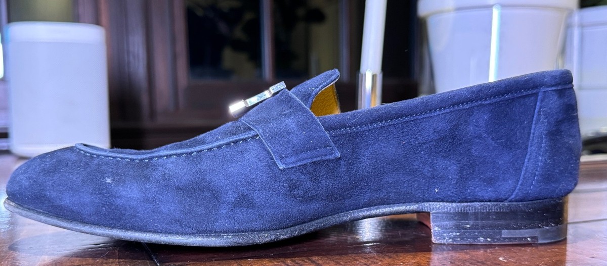 Hermes Paris Loafers Navy Blue Leather H Logo Moccasin Shoes 