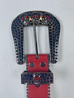 Unisex Gothic Belt Red & Black Crystals and Metal Skulls Studded Leather PUNK!