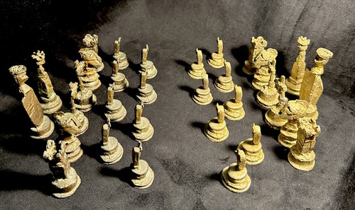 Vintage Handmade Lead Unique Metal Brutalist Artisan Chessmen Full Set