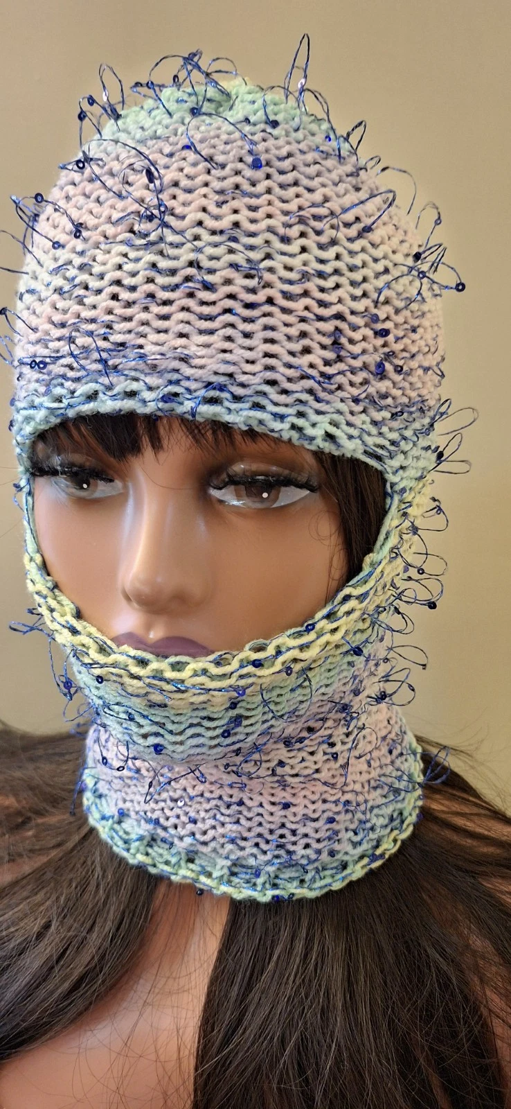 Handmade Knit Balaclava Tinsel Riot— Electric Frost (One-of-a-Kind Cosmic Hood)