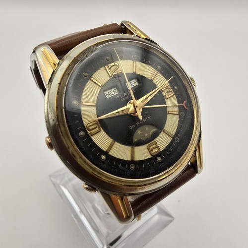 VINTAGE SWISS PLAZA GENEVE TRIPLE DATE MOONPHASE GOLD PLATED 30J AUTOMATIC WATCH - Picture 7 of 24
