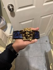 Versace Medusa Head Belt Black Blue Gold Leather Men’s Size M w/ Dust Bag