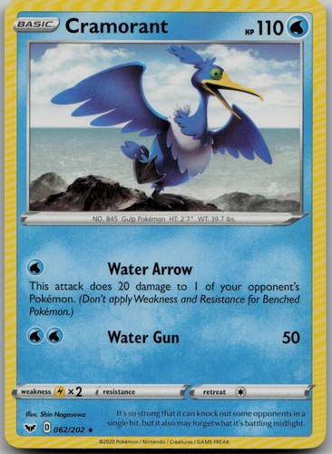 Cramorant 062/202 Rare SWSH01: Sword & Shield Base Set LP Pokemon