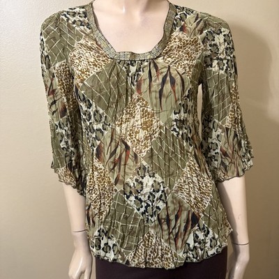 Women s Khaki Green Polyester Casual Sheer Lace Asymmetric Size S Blouse Top