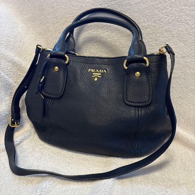 PRADA Vitello Daino Schultertasche schwarz Leder 2-Wege gebraucht guter...