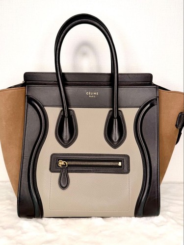 Celine Luggage Micro Shopper Handbag Beige Suede Leather 11x10x5 in