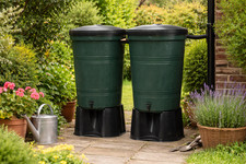 Set of 2 x  200L Water Butt Kit 400L Green with Stands & Linking