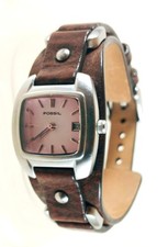 Womens Fossil Watch Brown Leather Band Silver Tone Pink Face Untested