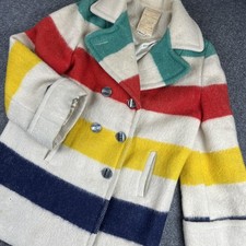 Vintage Hudson's Bay Pea Coat Womens 60's Multicolor Wool Stripe Point Blanket