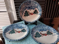 Three 7.5" approx. Plates FOLK CRAFT CABIN IN THE SNOW BY TIENSHAN  Red balls
