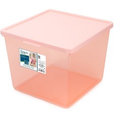Large Pink Tinted Plastic Stacking Storage Bin with Lid for Kids 12 x 12.4 x 9.4