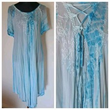 Gypsy Sky Blue White Tie Dye Embroidered Lace  Bohemian Hippie Midi Dress OS 👇