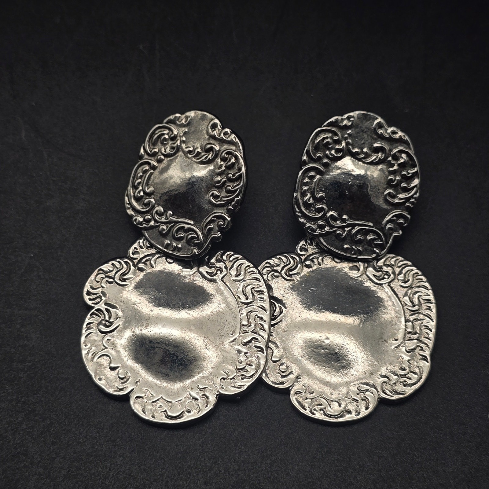 Silver Tone Repousse Earrings Large Statement Vin… - image 3