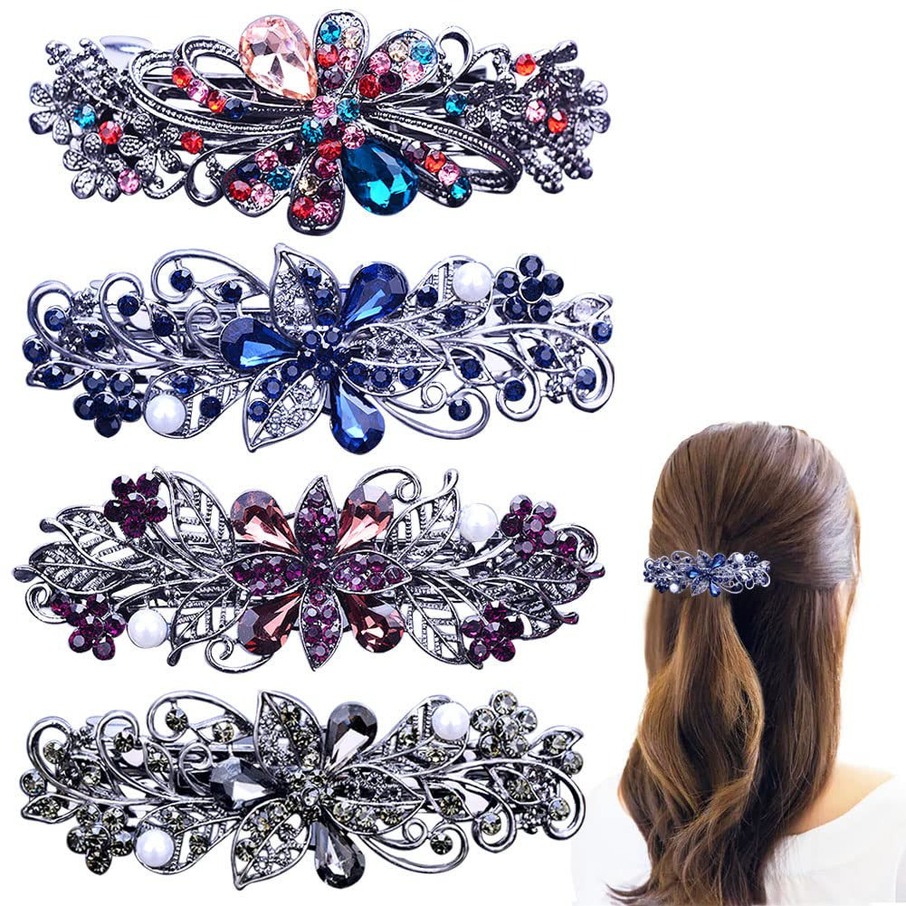 4 PCS Hair Barrettes for Women Ladies, Flower Crystal Rhinestones Barrette Pearl