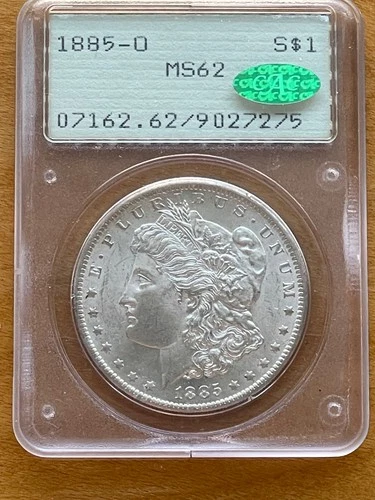 1885-O $1 PCGS MS62 CAC Morgan Dollar RATTLER holder
