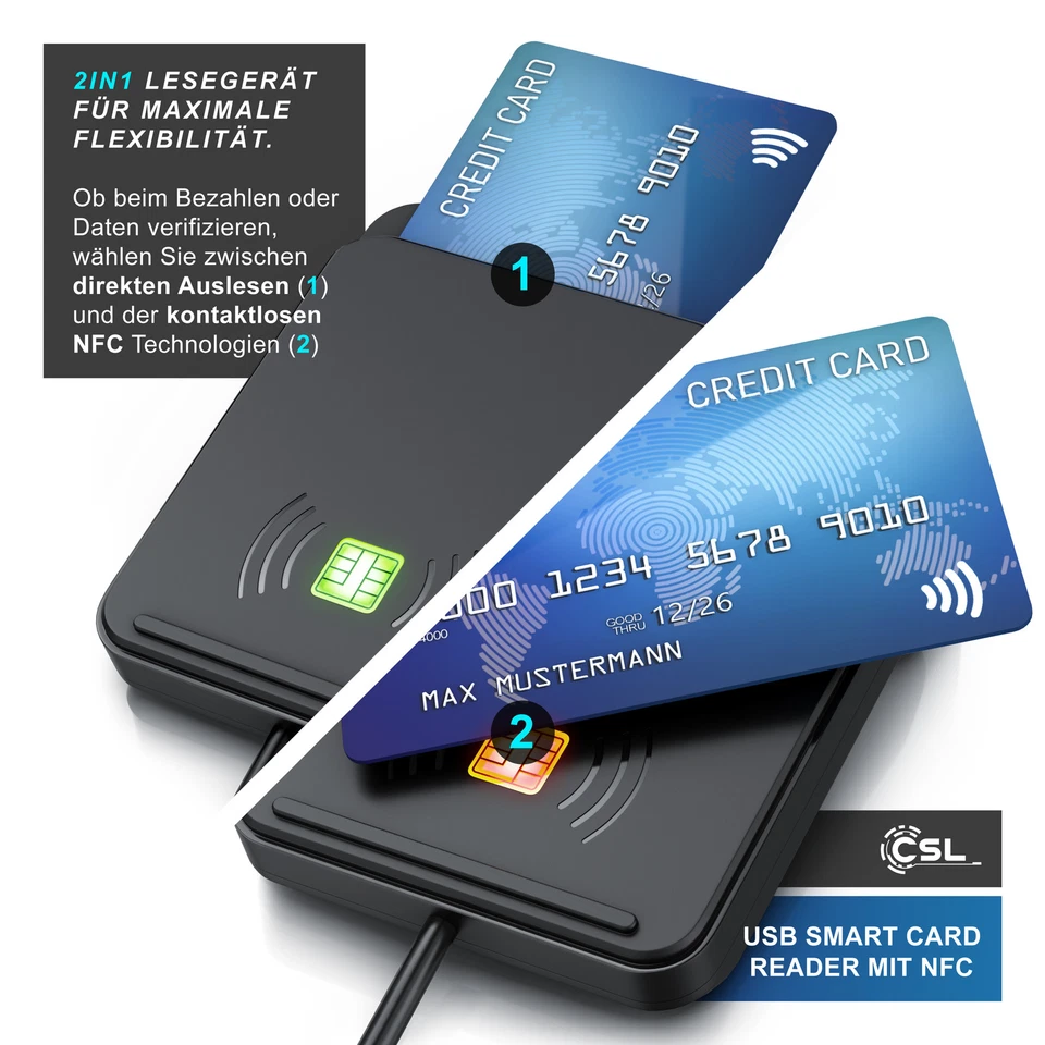 CSL CR USB 2.0 Dual Chipkartenlesegerät NFC Smartcard Schwarz Kartenlesegerät - Bild 4 von 4