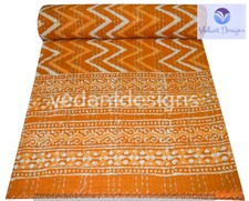 Vintage Block Kantha Quilt Blanket Indian Bedspread Coverlet Throw Art
